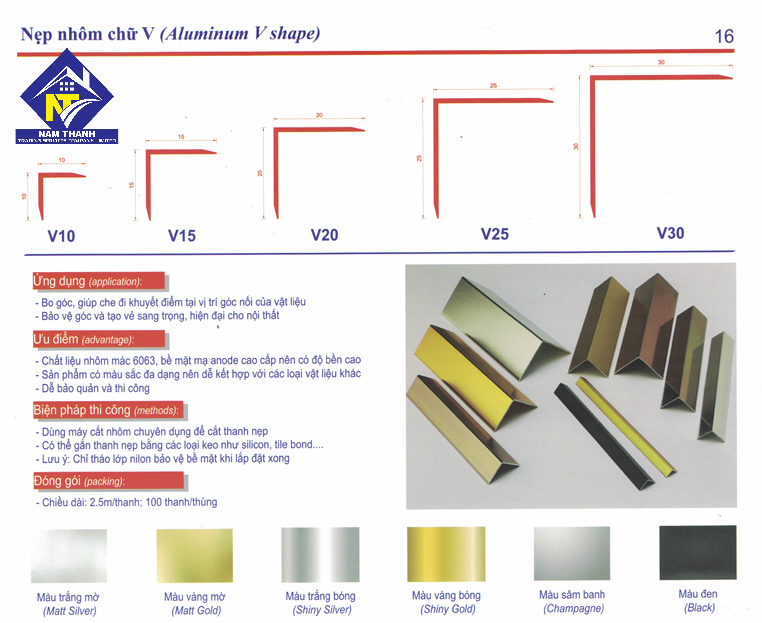 Kích thước phổ biến của nẹp V nhôm